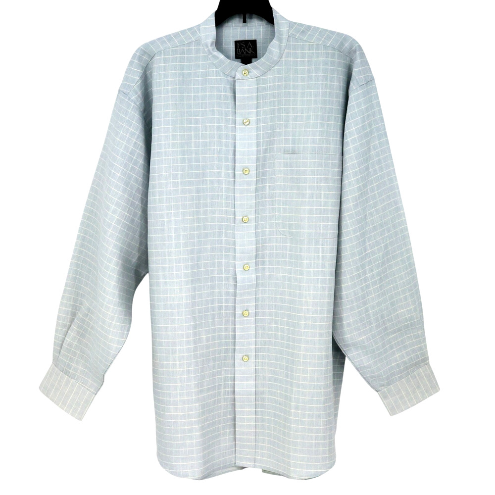 Jos A Bank Shirt Mens Large Blue White Plaid Linen Mandarin Collar Travelers